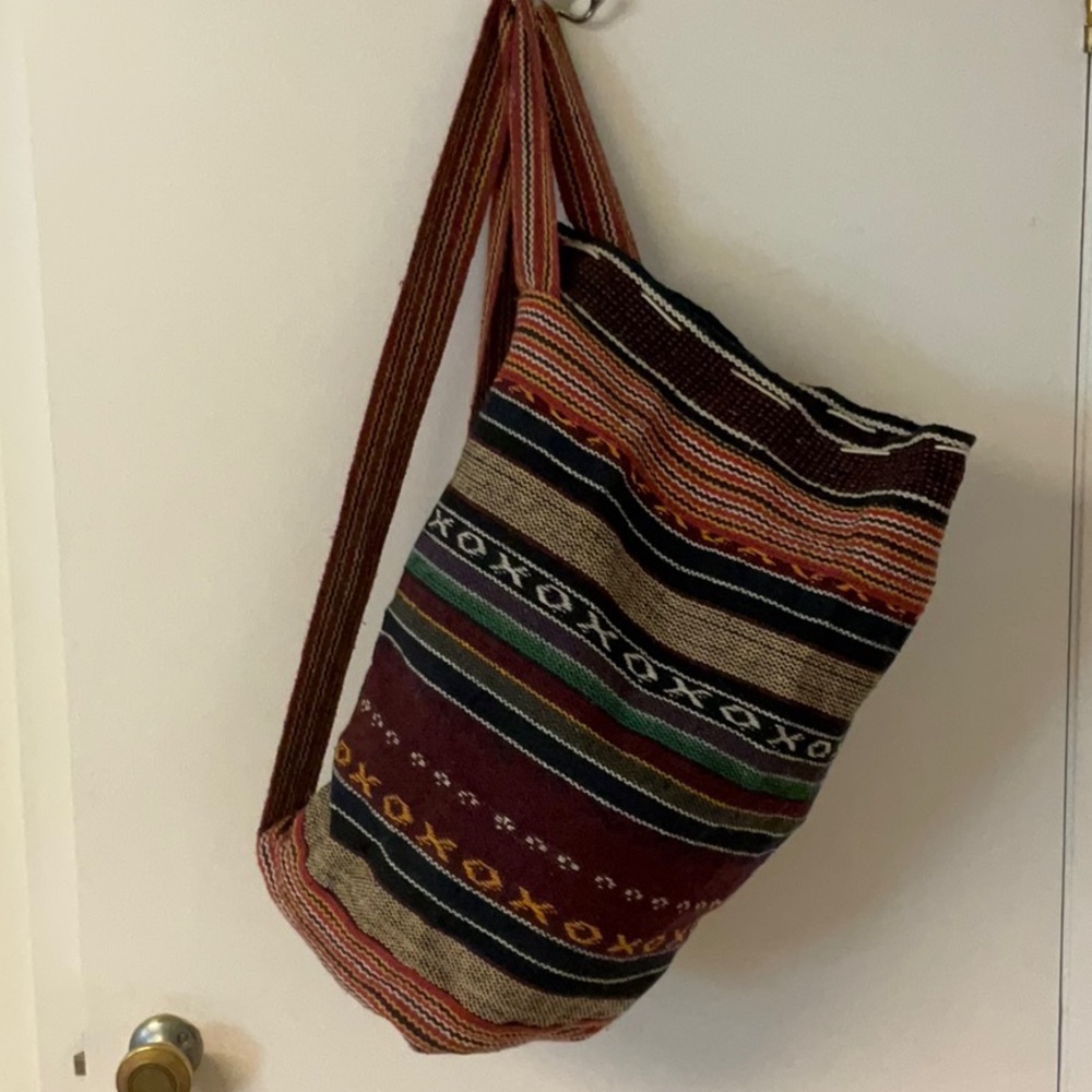 Vintage and vibrant Red and Orange woven fabric backpack with Geometric Patterns
